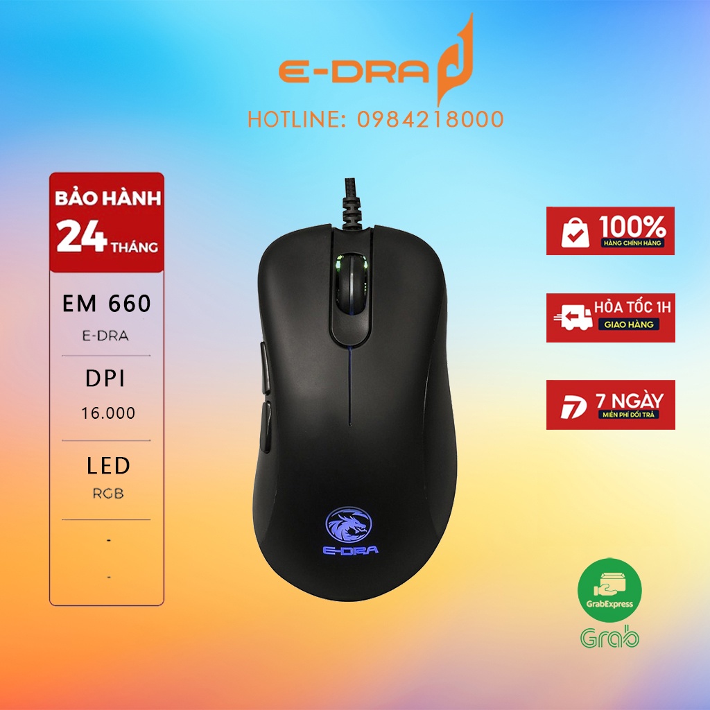 Chuột Gaming E-Dra EM660 Pro FPS ( LED RGB, 16000 DPI, Phần mềm tùy chỉnh ) - Bảo hành 24 tháng