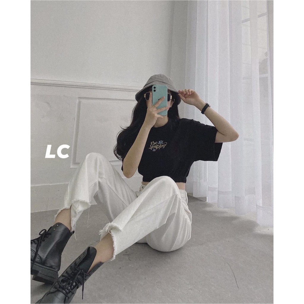 Áo Thun Croptop Cộc Tay Bo Chun Be Happy 🎁 Nana's House - FREESHIP 🎁 Phông cổ tròn dáng ôm màu đen basic style Ulzzang