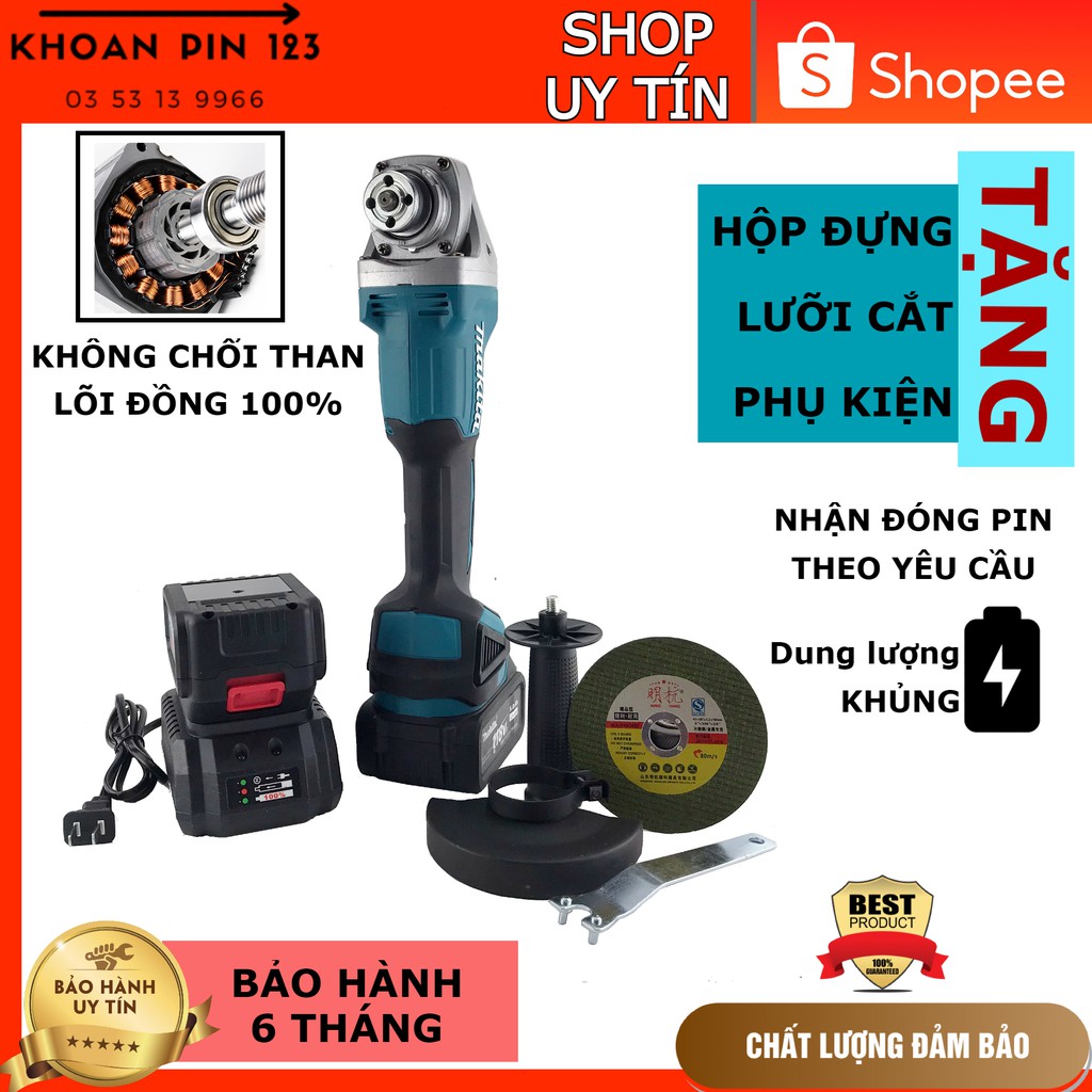 Máy cắt, máy mài pin Makita không chổi than 2 pin tem đúc tặng phụ kiện