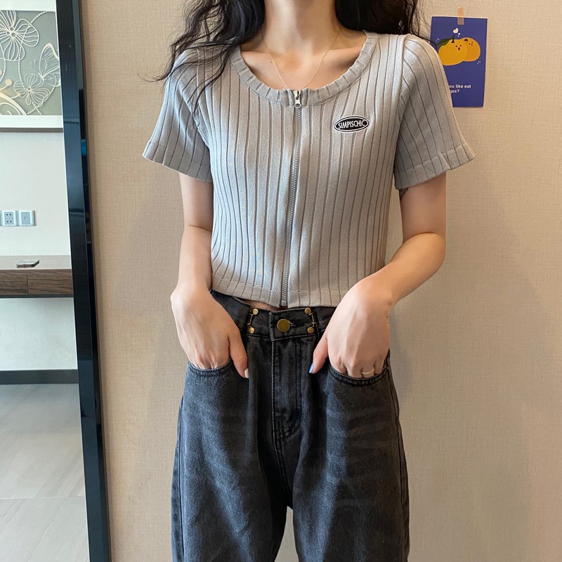 Áo croptop dệt kim cổ tròn thiết kế khóa kéo phong cách Hàn Quốc thời trang nữ | BigBuy360 - bigbuy360.vn