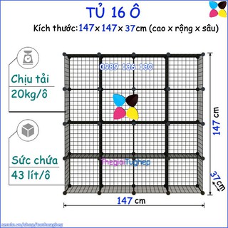 Kệ lưới sắt 16 ô 56t50 lắp ghép 3 màu trắng, đen, hồng kèm búa gỗ