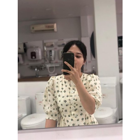 Váy Hoa Nhí Cổ Tròn Thắt Nơ Cài Cúc Dáng Dài Vintage, Đầm Hoa Nhí Cỏ 4 Lá Tay Bồng Ulzzang V105