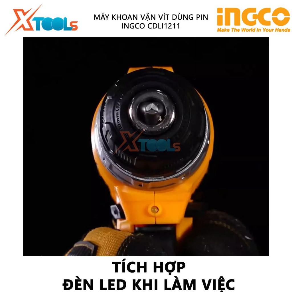 Máy khoan pin cầm tay 12v Ingco CDLI1211 tốc độ 600v/p, lực siết 20nm, khả năng khoan 10mm, có chỉnh tốc, kèm theo 1 pin