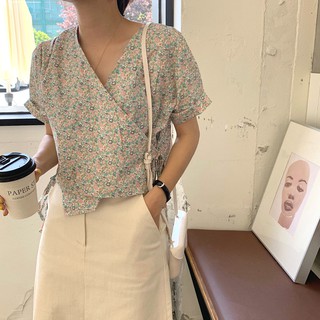 Áo buộc dây chéo cổ V hoa nhí nhỏ tươi kèm ảnh thật