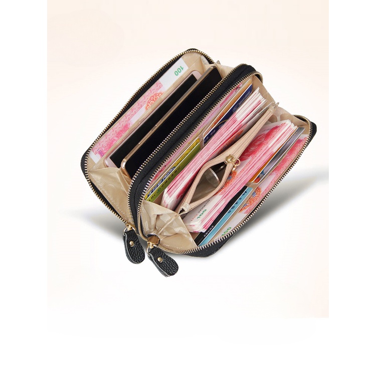 Ví Da Thật Dáng Dài Hai Lớp Màu Xanh Lá Cây Có Khóa Kéo Thời Trang Sức Chứa Lớn Mềm Mại