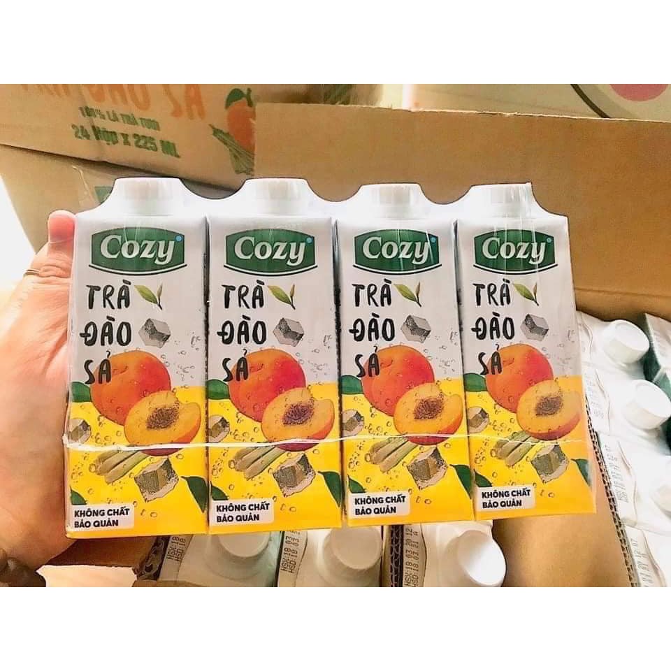 Trà cozy lốc 4 hộp/thùng 24 hộp 225ml - vải, trà tắc mật ong, trà đào sả - Trà hoa quả uống liền