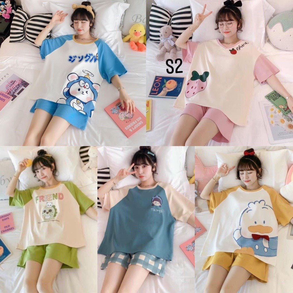 Bộ đùi thể thao in hình ngộ nghĩnh- sét bộ mặc nhà áo cộc tay quần short chất cotton mát mịn phong cách ulzzang hàn quốc
