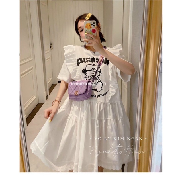 Đầm babydoll viền bèo in hình baby form rộng bầu bì bon chen che bụng che đùi big size siêu xinh