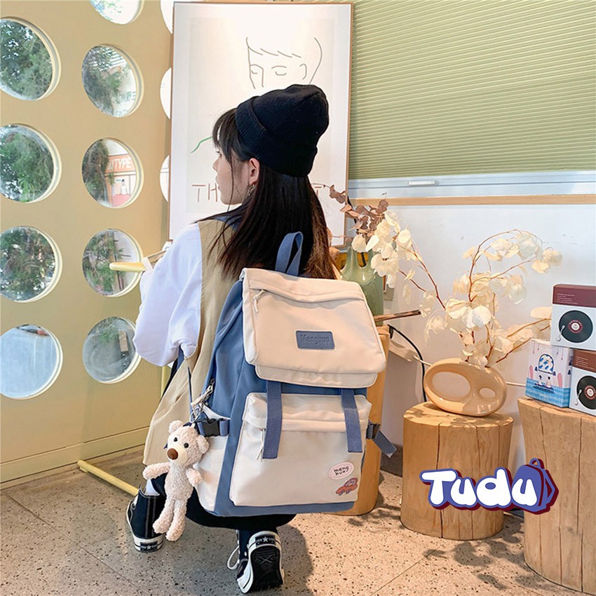 Balo Nữ Tudu, Ba Lô Đi Học Phong Cách Hàn Quốc Vải Chống Nước, Đựng A4, Laptop 14 Inch Kèm Móc Gấu Bông CN171-Xanh Dương