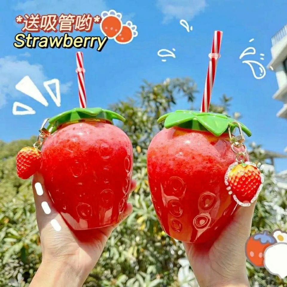 Ly uống nước hình dâu tây dễ thương dung tích 500ml Ly dâu có ống hút và phụ kiện dâu tây