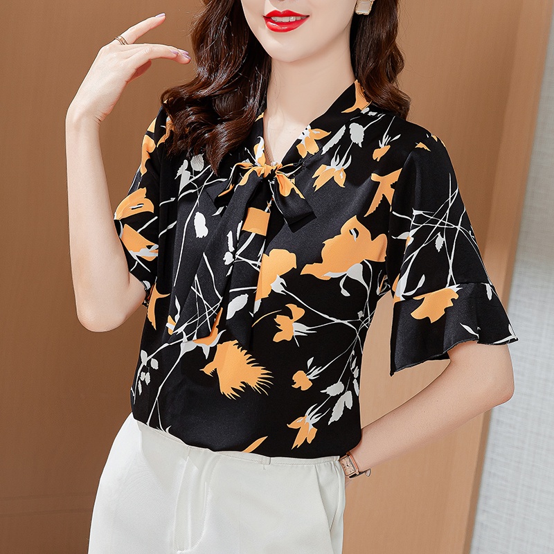 Áo Sơ Mi Chiffon Tay Ngắn Thắt Nơ In Họa Tiết Thời Trang Hàn Quốc Cho Nữ Size L-5XL