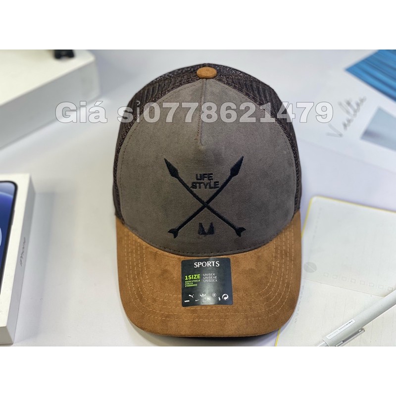 Nón kết phối lưới nâu mỏ bò thêu mũi tên thời trang