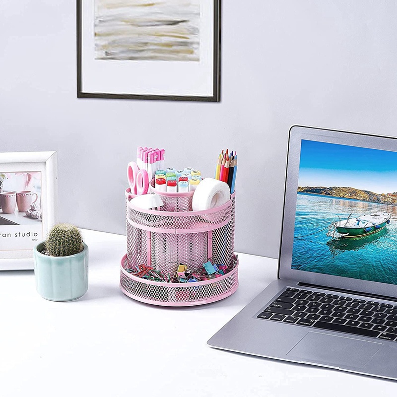 Cute Rotate Desk Organizer Mesh Desk Accessories Pen Holder Spinning Pencil Storage for School Office Supplies - Pink