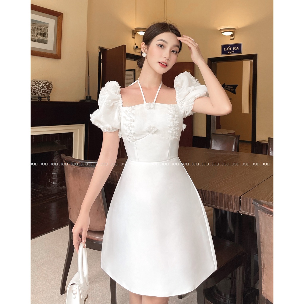 Váy thiết kế dự tiệc màu trắng phối ren thêu hoa in nổi cực xinh JOLI
