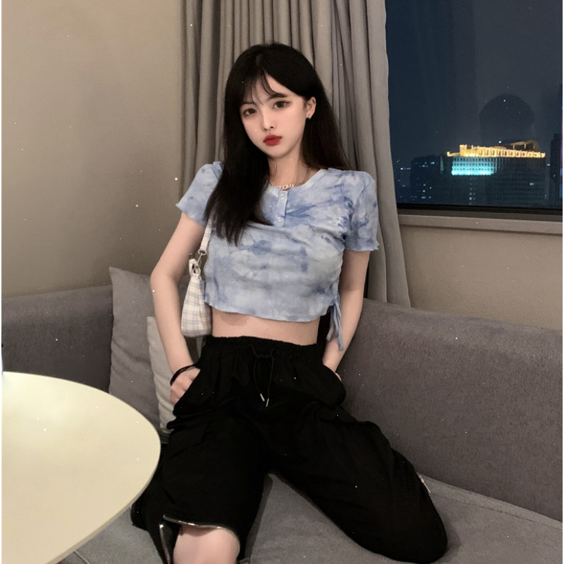 SUXI Áo thun tay ngắn thời trang mùa hè thiết kế dây rút cá tính cho nữ