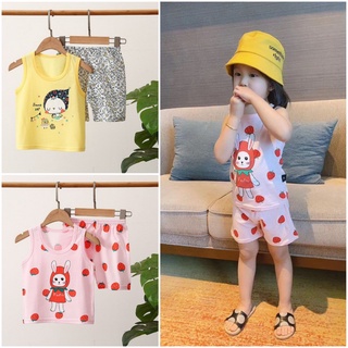 Bộ ba lỗ cho bé 2-8 tuổi hình dâu tây và bé gái, Bộ hè bé gái xuất Hàn vải cotton thấm hút mồ hôi