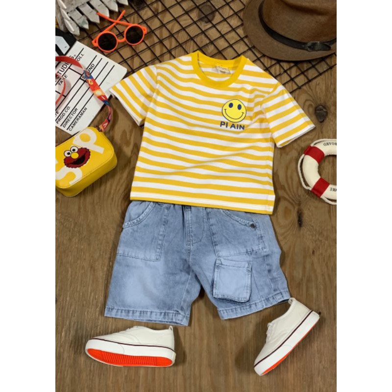 Set quần jean túi hộp vải mềm kèm áo kẻ sọc thun cotton co giãn