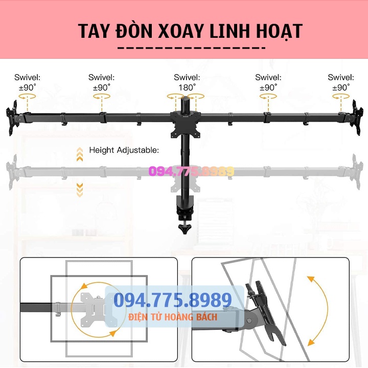 M083 / #Giá Treo 3 Màn Hình Nằm Ngang ErgoTek E83 Cao Cấp 17 - 27 Inch / Tải Trọng 8Kg - Lắp Đặt Kẹp Bàn - Xoay 360 Độ