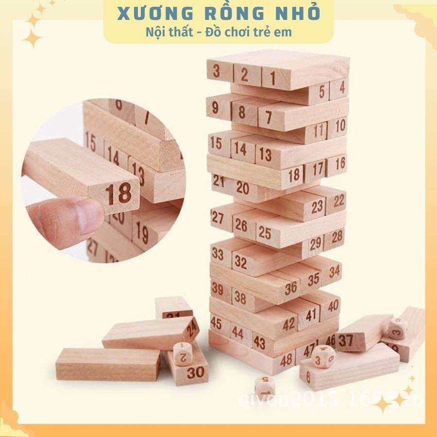 Bộ đồ chơi rút gỗ 48 thanh - kèm 4 xúc xắc gỗ (Loại To)- Xếp Hình Domino Xả Stress bằng gỗ thông tự nhiên,Xương Rồng Nhỏ