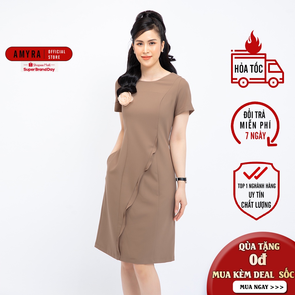 Đầm suông dài dự tiệc trung niên thiết kế công sở cao cấp phối bèo chèo AMYRA Da150 ( TẶNG HOA CÀI )