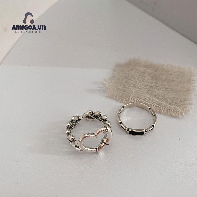 ✨✨Set nhẫn 17KM màu bạc đơn giản mỏng khoét rỗng hình trái tim phụ kiện trang sức cho nam nữ