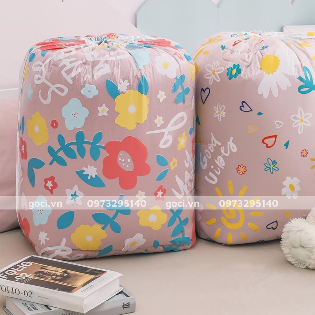 Túi đựng chăn màn quần áo 75L túi dây rút trong suốt có họa tiết hình hoa chống thấm nước có tiện lợi