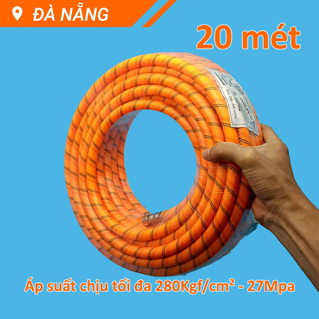 Dây rửa xe vằn 5 lớp áp lực 27MPa Ø8.5mm dài 20m hai đầu ren nhỏ M14 trong ngoài