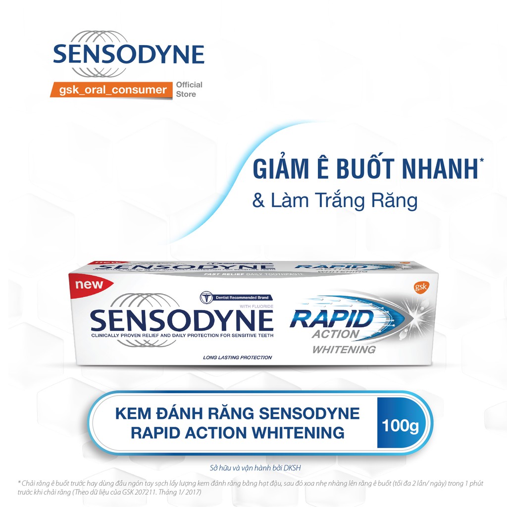 Kem đánh răng giảm ê buốt Sensodyne Rapid Action Whitening 100g giảm ê buốt nhanh và làm trắng răng tự nhiên