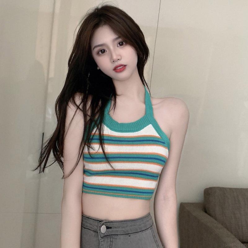 Áo Croptop Áo Tank Top Nữ Dệt Kim Kẻ Sọc Hở Lưng Gợi Cảm Cho Nữ áo Croptop