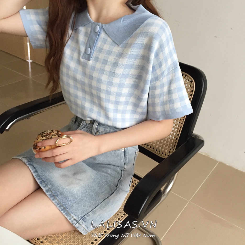 Áo thun dệt kim tay ngắn cổ polo họa tiết sọc caro thời trang theo phong cách Hàn Quốc cho nữ