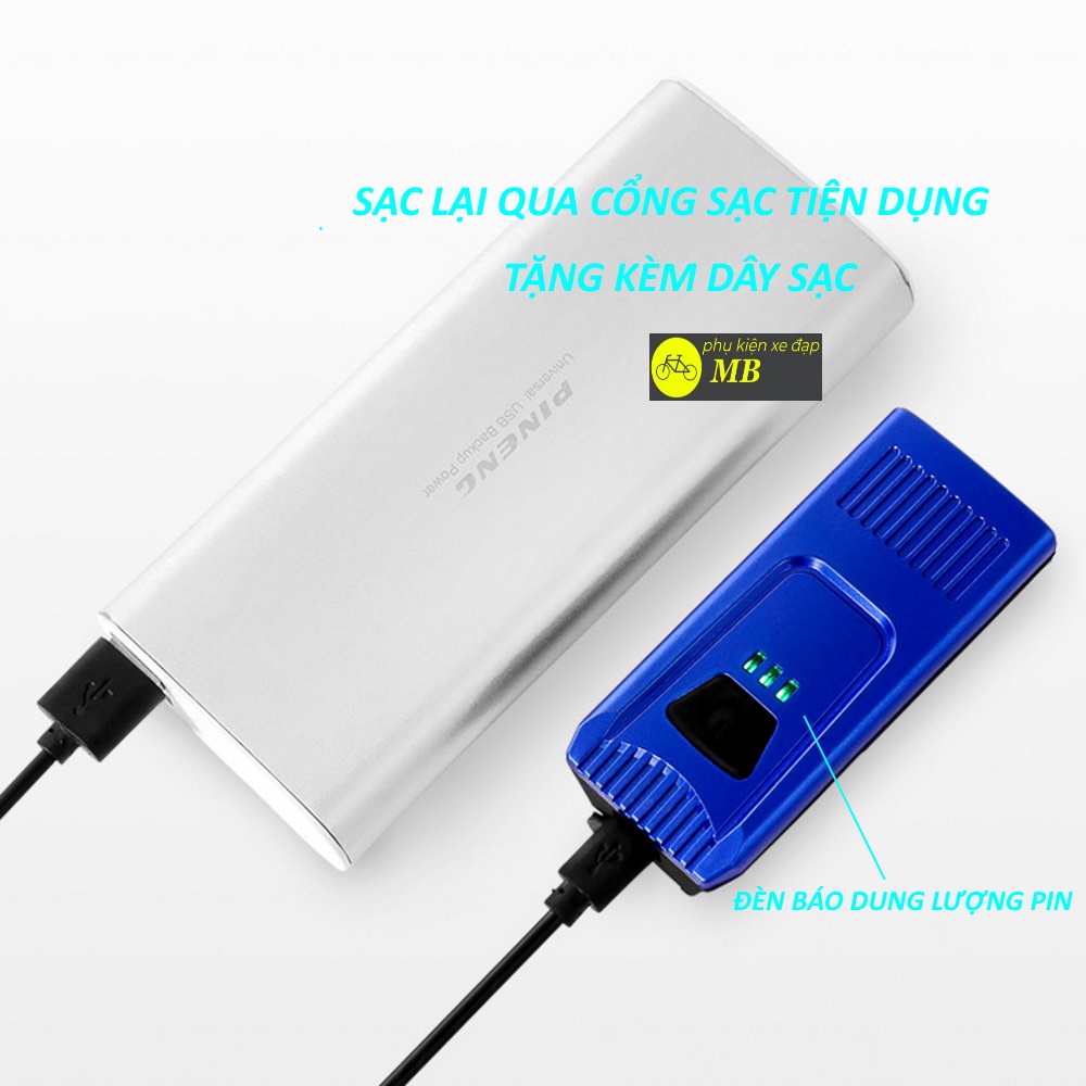 Đèn xe đạp thể thao siêu sáng chống nước pin sạc usb có led báo dung lượng pin DP15