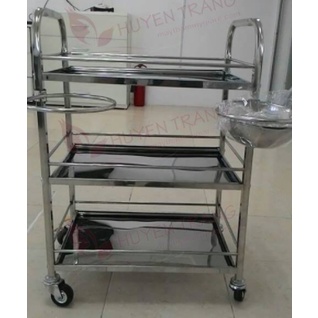 Xe đẩy inox 3 tầng 2 bát nước chuyên dùng cho spa, thẩm mỹ viện