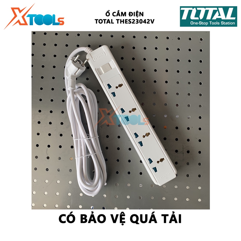 Ổ cắm điện TOTAL THES23042V ổ cắm 3 chấu 4 ổ cắm mở rộng, Dòng điện tối đa 13A, Dây điện 3 mét 3*1.25mm2 lỗ cắm có màng