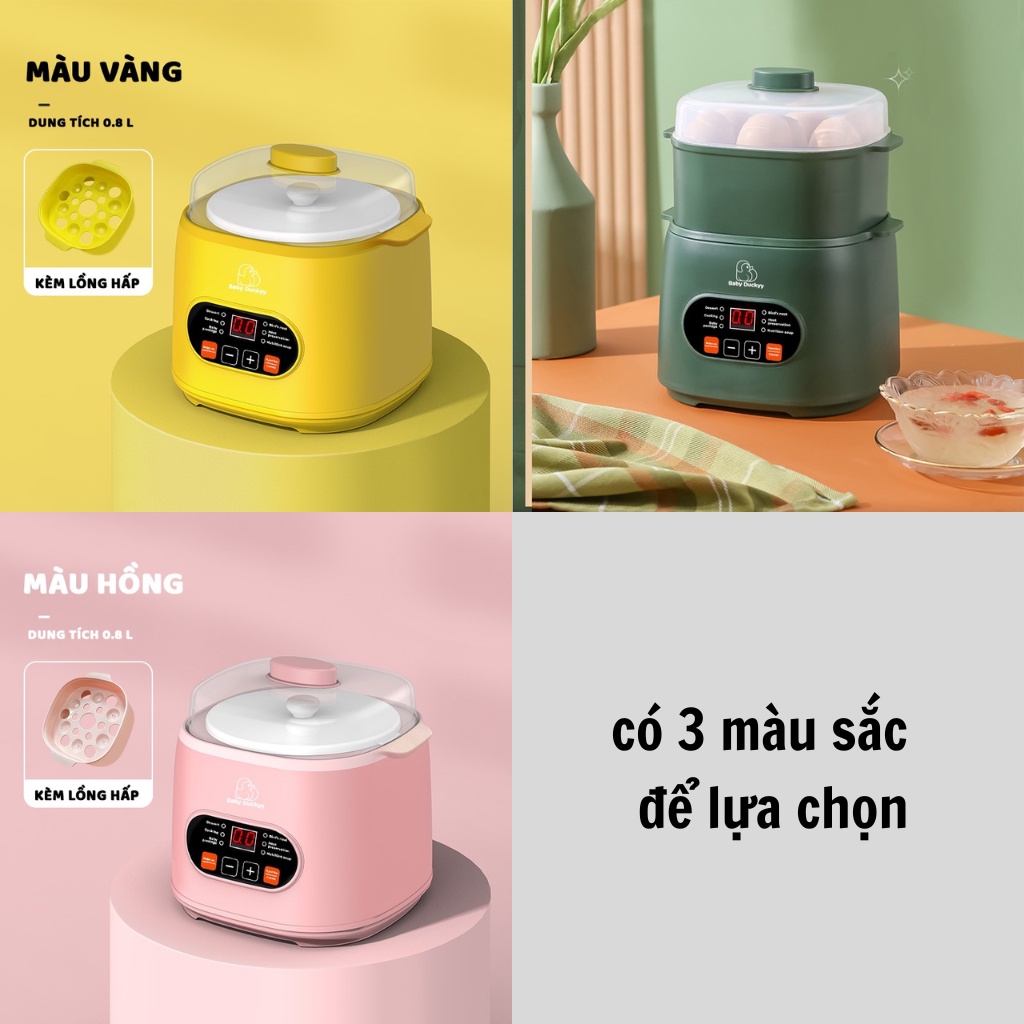 Nồi nấu cháo chậm Baby Duckyy, Hầm Cháo Chậm, Ninh Đa Năng Cho Bé_Baby Duckyy KALI 001 0.8L_Kèm Lồng Hấp BH 12T 5.0 73 Đ