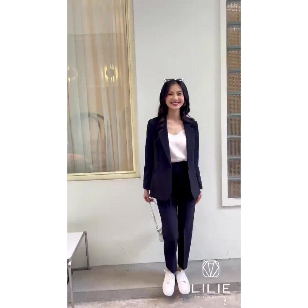 Áo khoác Blazer 1 cúc vạt tròn đen phối với quần âu vạt chéo đen phong cách sang chảnh tiểu thư chất lượng cao đủ size | BigBuy360 - bigbuy360.vn