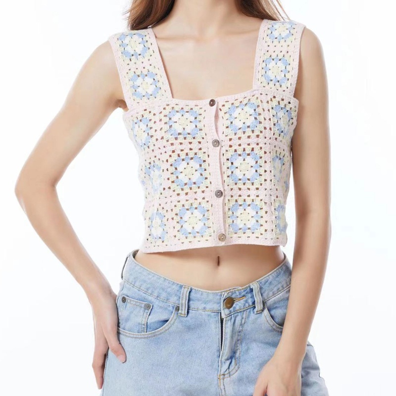 Xiangbao Áo Tank Top Đan Móc Rỗng Họa Tiết Hoa Phong Cách Pháp Ngọt Ngào Dễ Phối Đồ