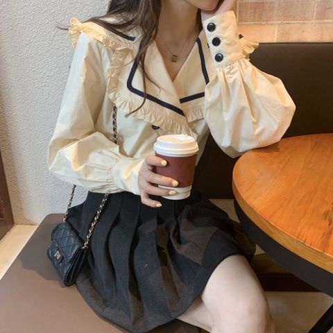 Áo Sơ Mi Tay Dài Cổ Búp Bê Phối Hai Hàng Nút Phong Cách Hàn Quốc Thời Trang Mùa Thu Cho Nữ 2021