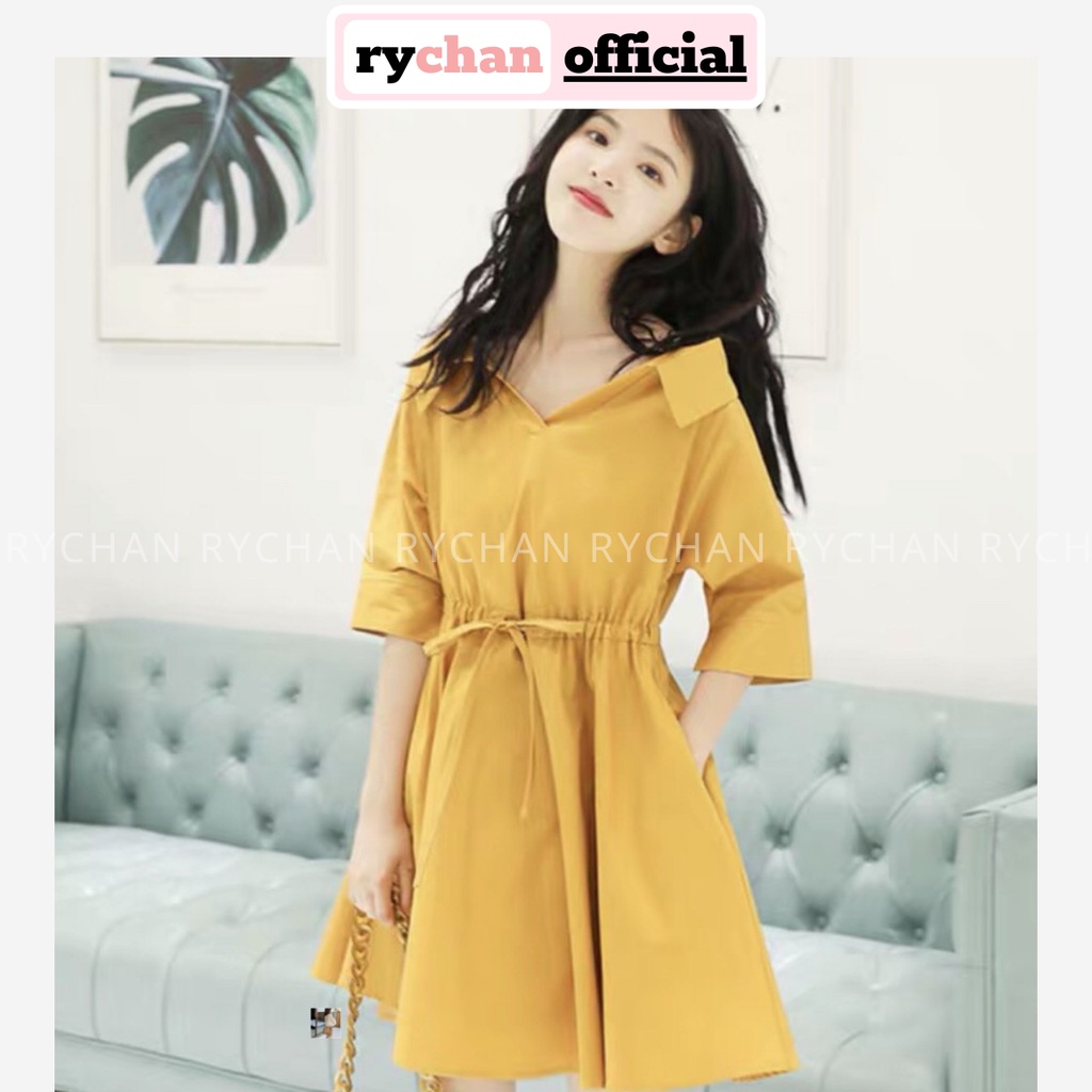 DX916 - Đầm Xòe Rút Eo Cổ Sơ Mi Đầm Vàng Tay Lở Đầm Xòe Đi Chơi Trẻ Trung Năng Động