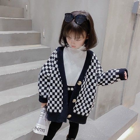 Áo khoác cardigan dệt kim mỏng dáng rộng họa tiết sọc caro phong cách Hàn Quốc cho bé gái 2021
