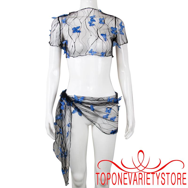 One Set Đồ Bơi Áo Croptop Tay Ngắn + Chân Váy Lưới Họa Tiết Bướm Thời Trang Quyến Rũ Cho Nữ