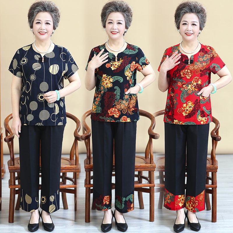 ✤Người vợ trung niên và cao tuổi của phụ nữ bà mẹ mùa hè cotton vải lanh phù hợp với đầm áo thun ngắn tay 60 hai mảnh