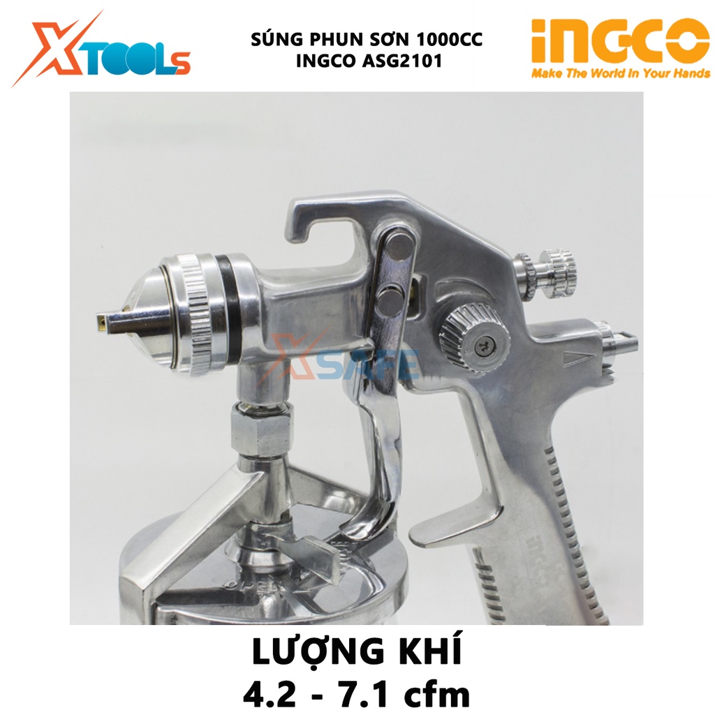 Súng phun sơn INGCO ASG2101 | máy phun sơn Đầu phun tiêu chuẩn 1.4mm, Dung tích bình sơn 1000cc phun sơn gỗ, sơn ô tô, n