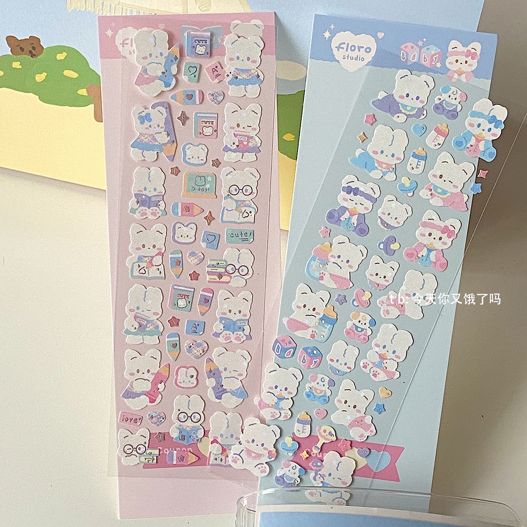 Sticker gấu mặt trăng cầu vồng, xanh hồng, pastel trang trí keyring, sổ tay, bullet journal, top loader decor