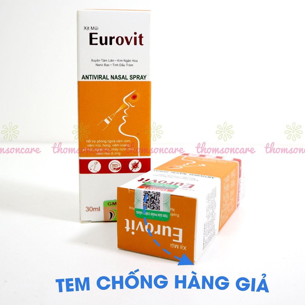 Xịt mũi Eurovit giúp giảm ngạt mũi, thông mũi, phòng ngừa cảm cúm - Lọ 30ml từ xuyên tâm liên, thêm nano bạc