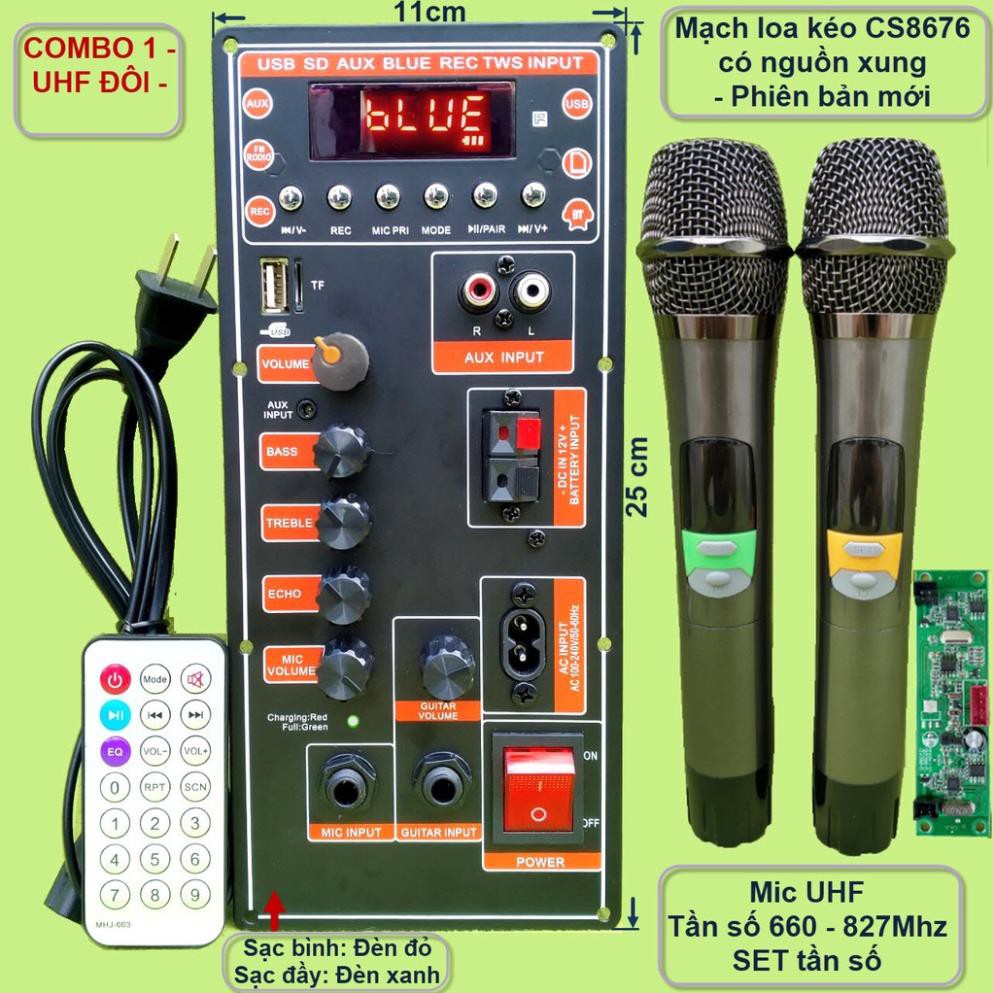 Mạch loa kéo CS8676 có nguồn xung kèm Micro đơn hoặc Micro đôi – Bluetooth Karaoke Guitar điện – cho loa kéo 3 tấc đơn