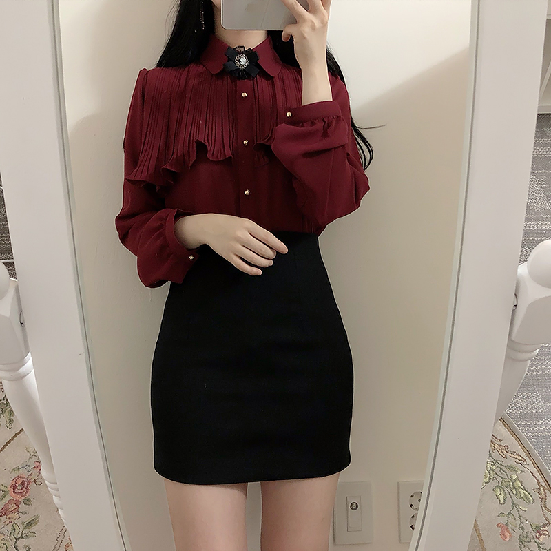 Spring new long sleeve shirt girl's top versatile fashion temperament base shirt bow chiffon shirt