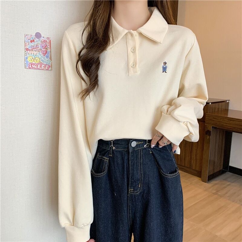 Áo Sweater Cổ Polo Dáng Rộng Thêu Hình Gấu Kiểu Hàn Quốc Thời Trang Mùa Thu Cho Nữ