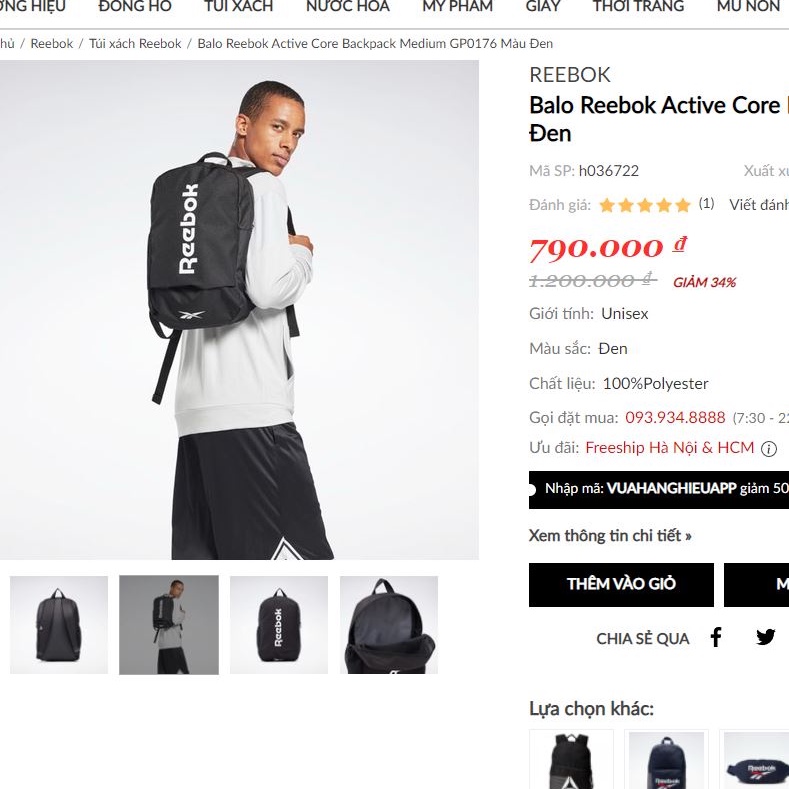 Balo REEBOK Active Core Backpack Medium GP0176 đơn giản nhỏ gọn cho ngày dài năng động