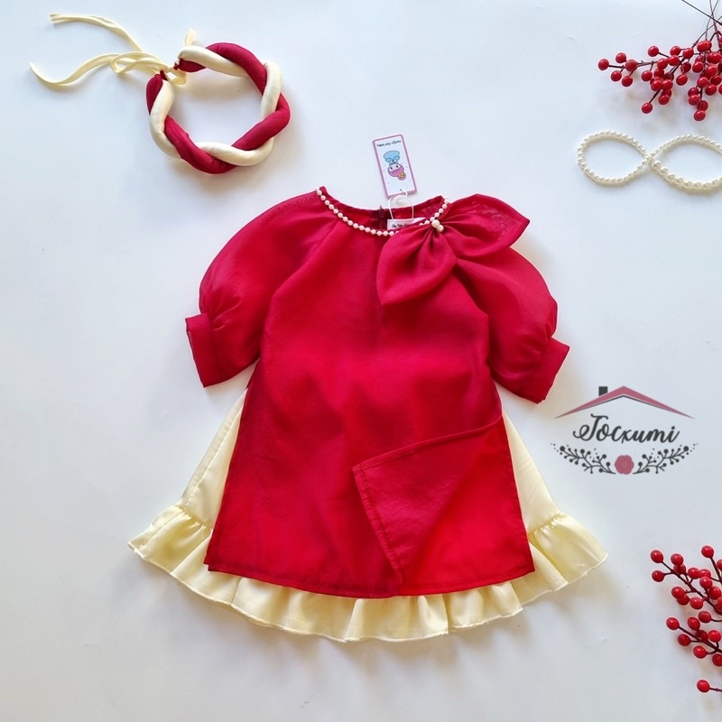 Áo dài cách tân cổ nơ đỏ đính châu cao cấp - Tocxumi