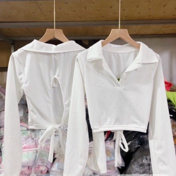 Áo Croptop Dạng Polo Tay Dài Hở Lưng Chất Thun Gân